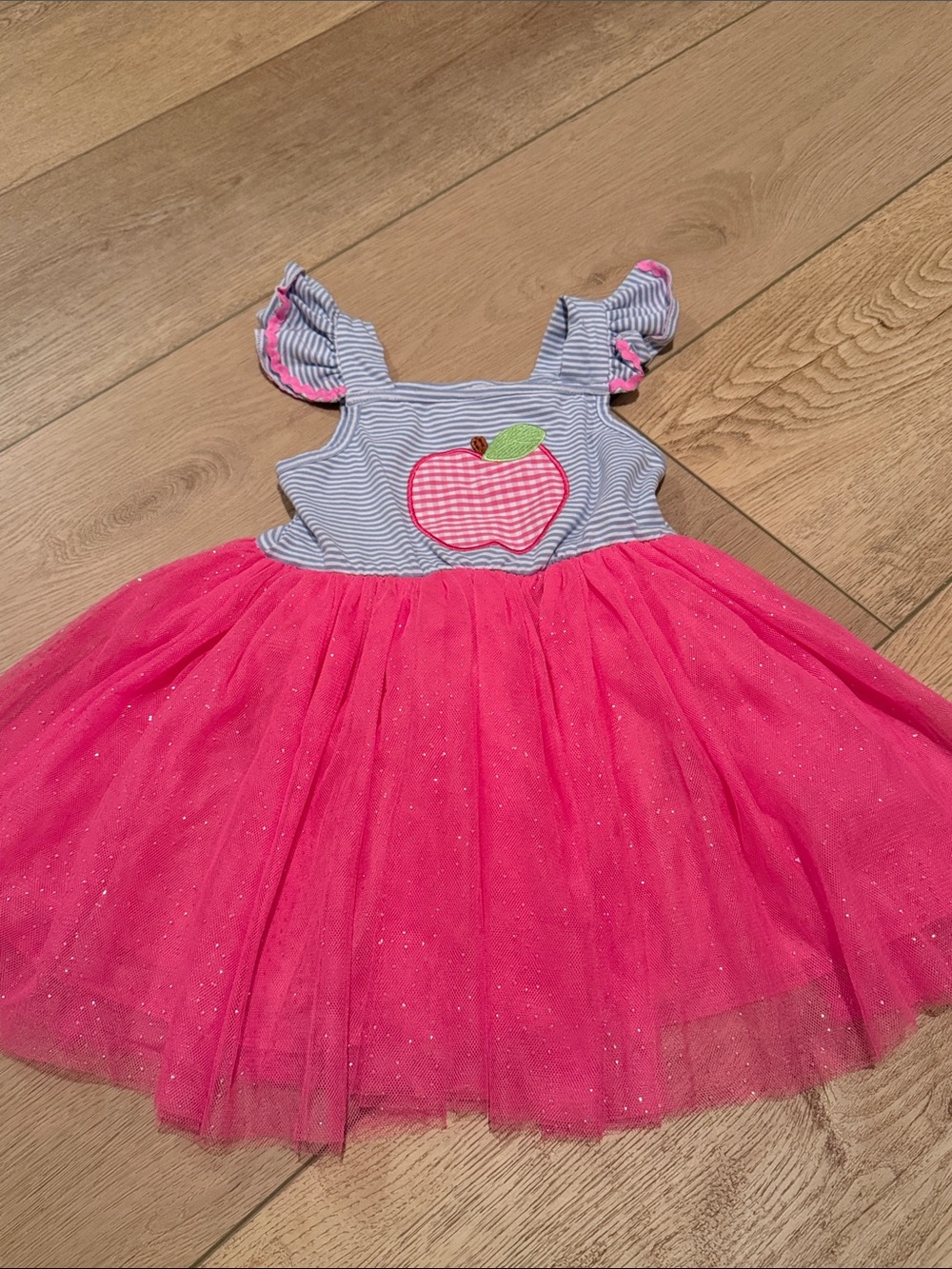 Girls' Pink Apple Tulle Dress with Striped Bodice